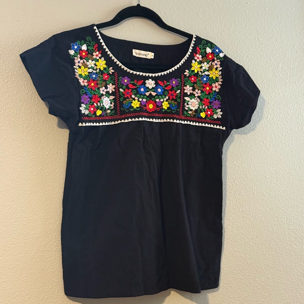 Topshop Black Blouse with Colorful Floral Embroidery